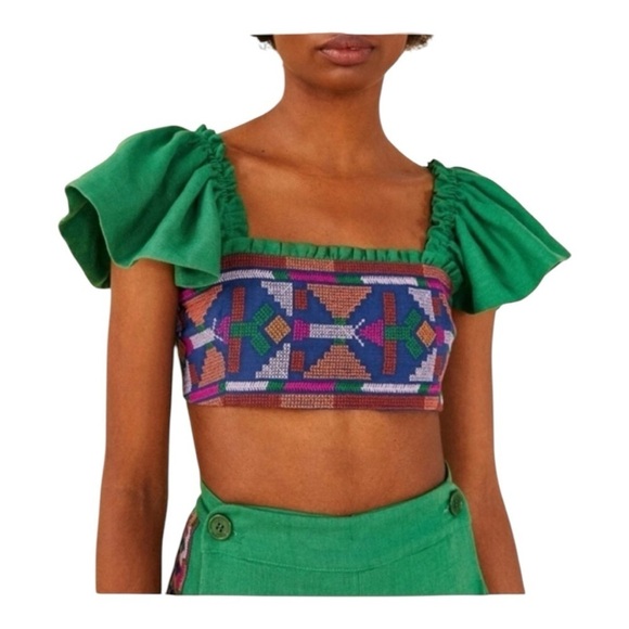 NWT! Farm Rio Tropical Green Linen Embroidered Smocked Back Crop Top. Size XL. - Picture 1 of 14